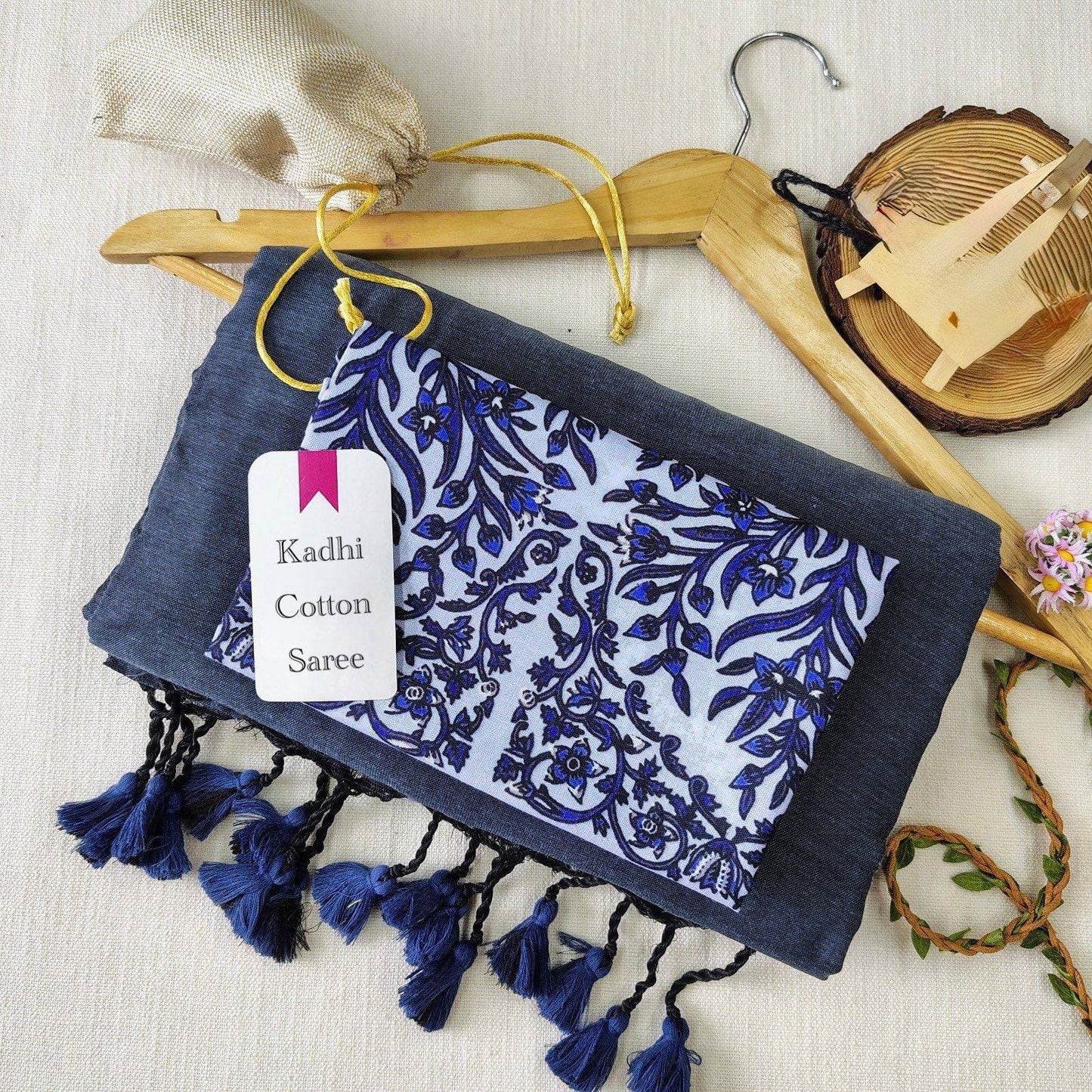 Navi Blue Khadi Cotton saree with white blouse