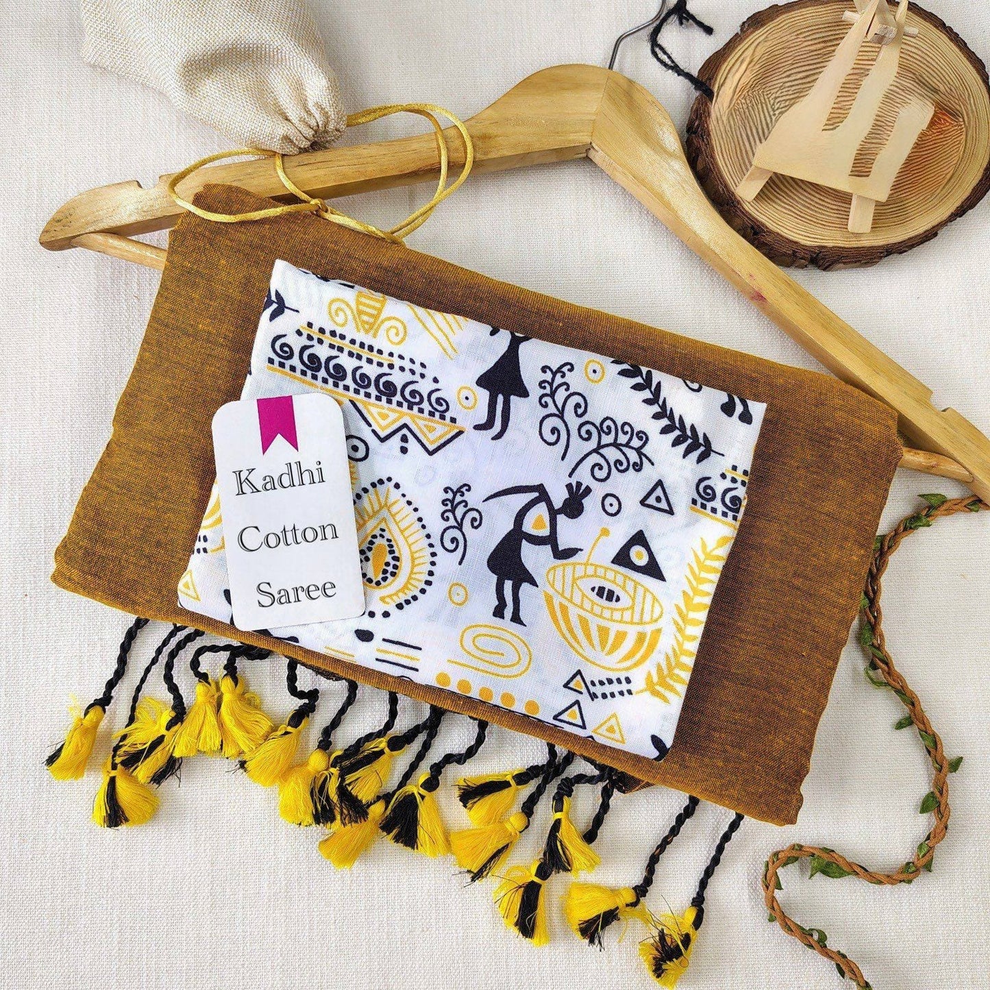 Mustard Khadi Cotton Saree with white Printed Blouse